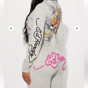 Ed Hardy Gray and Pink Graphic Tracksuit